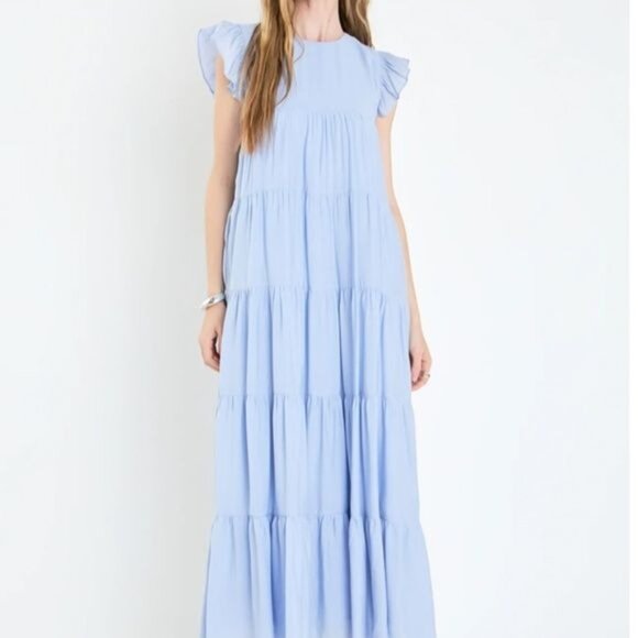 Vici X Destiny Powder Blue Tiered Maxi Dress Ruffle Sleeves Tie-Back M Cottage - Picture 1 of 12
